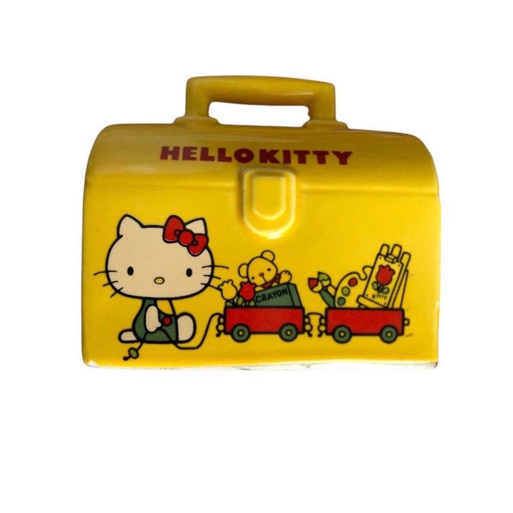 Vintage Sanrio Hello Kitty Yellow Lunchbox Shaped Mini Coin Bank 1976